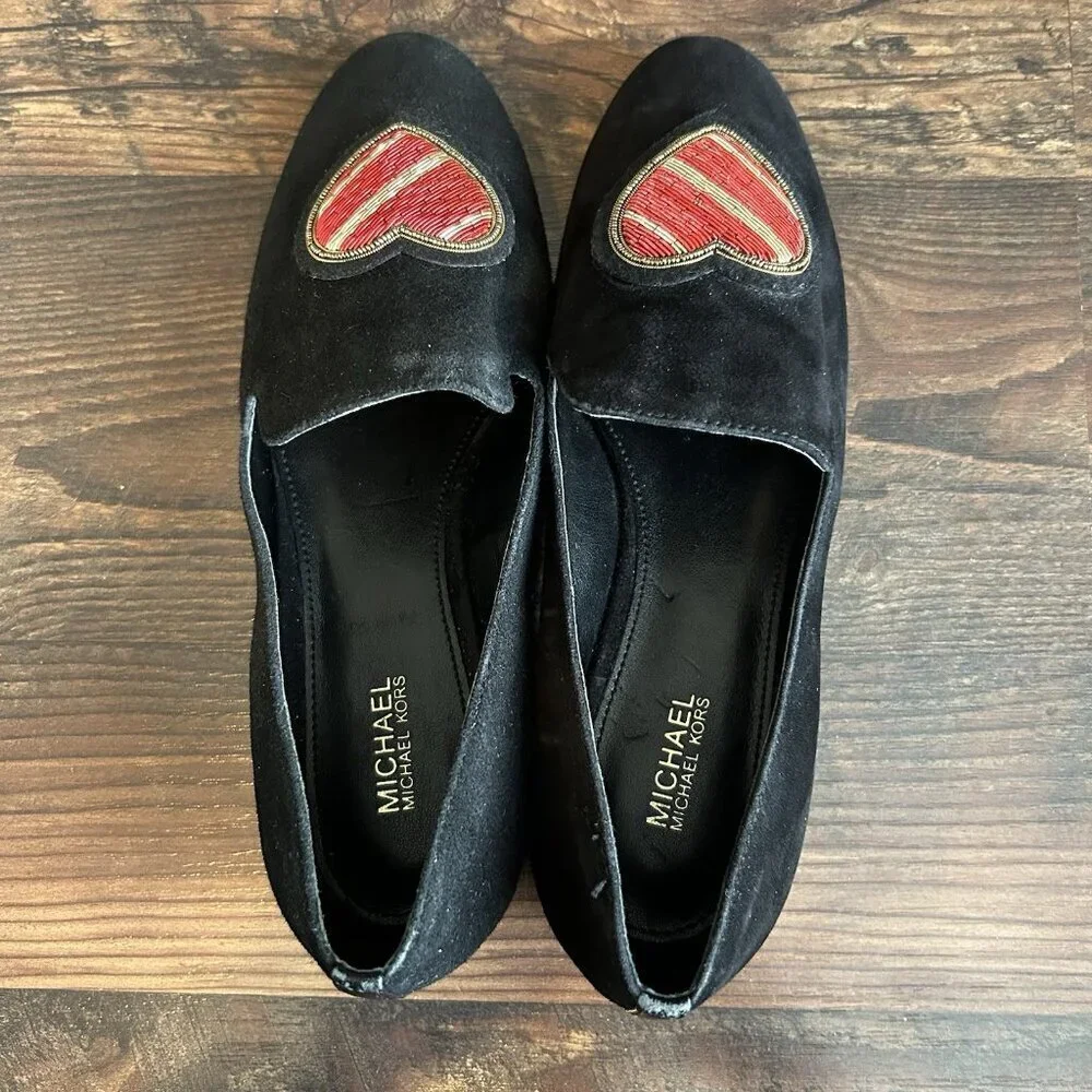 Michael Kors Women's Natasha Loafer Shoes Size 6 M Black Suede Leather Heart EUC